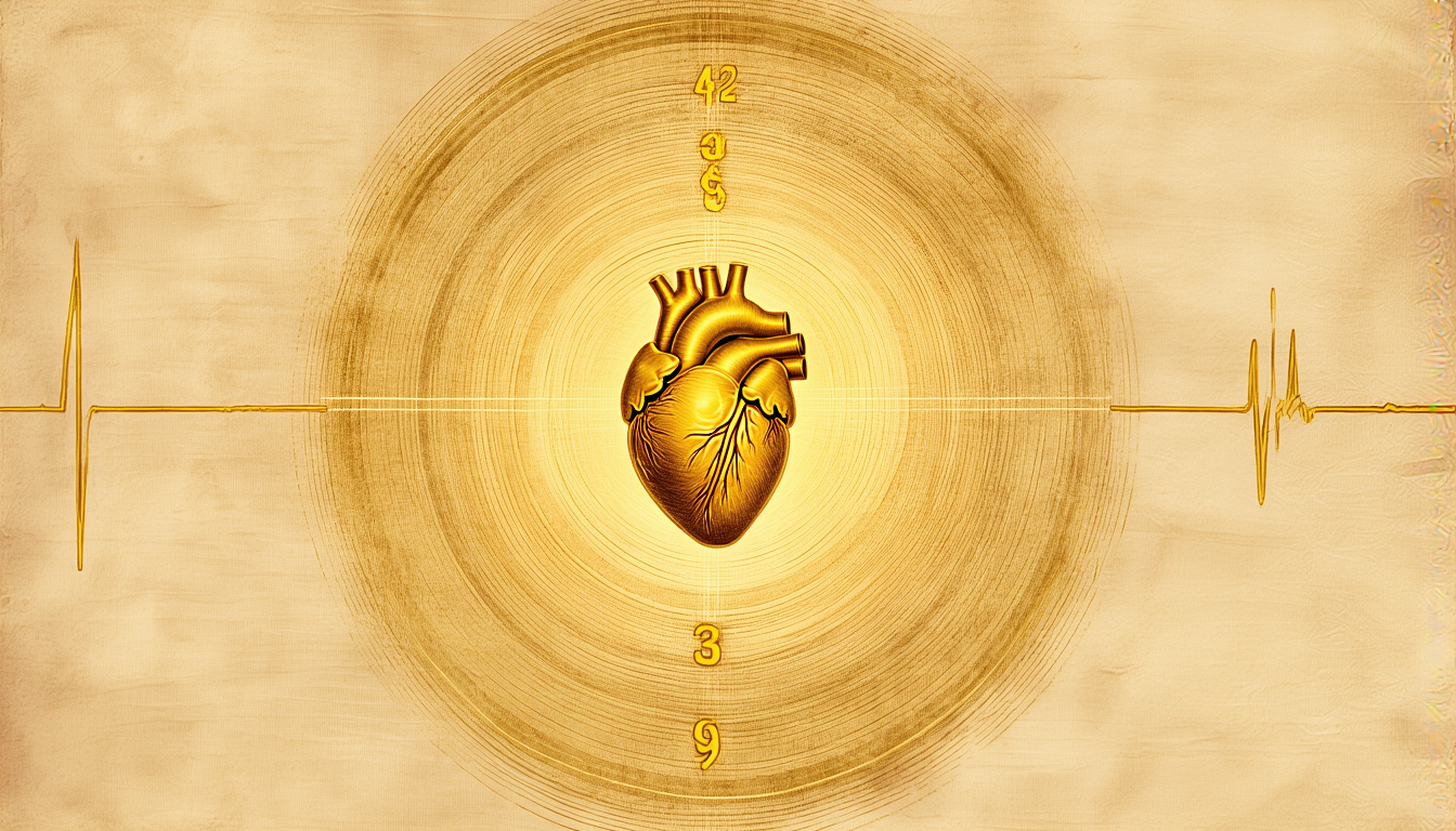 A golden heart at the center of concentric field rings, a pulse waveform radiating outward